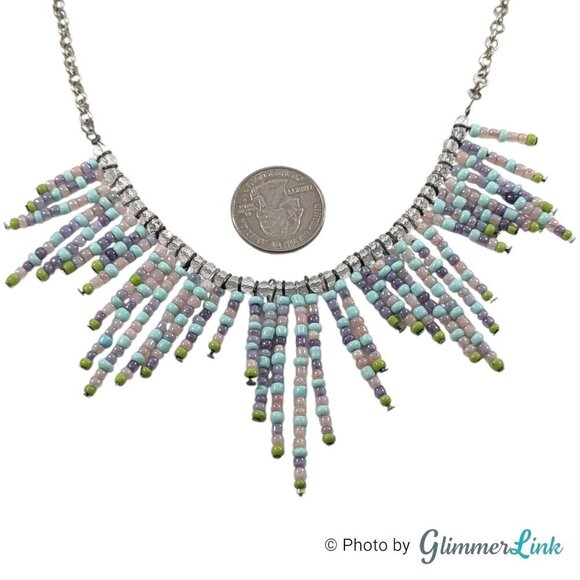 Bohemian Multicolor Pastel Seed Bead Fringe Bib Silver Tone Necklace - Picture 5 of 8